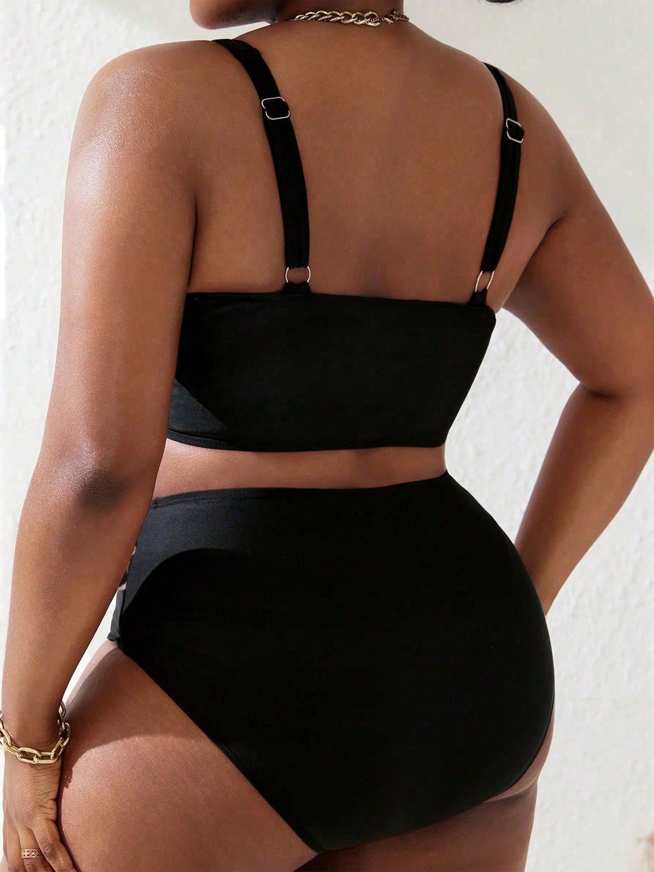 Slaydiva Plus Size Women 2pcs Black & Pink Splice Ruched Tankini Swimwear Set, Summer Beach Holiday