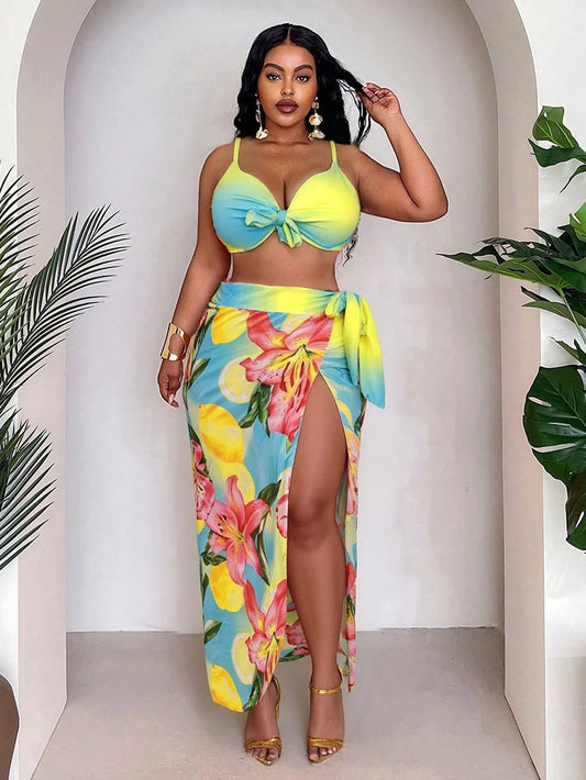 Slaydiva Plus Size Women 3-Piece Set,Ombre Placement Print High Waist Skirt & Triangle Panty Bikini Set,Blue Butterfly,Summer,Beach,Vacation,Holiday Daily Chic