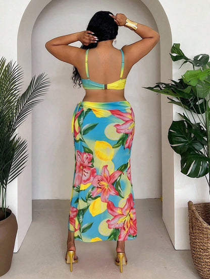Slaydiva Plus Size Women 3-Piece Set,Ombre Placement Print High Waist Skirt & Triangle Panty Bikini Set,Blue Butterfly,Summer,Beach,Vacation,Holiday Daily Chic