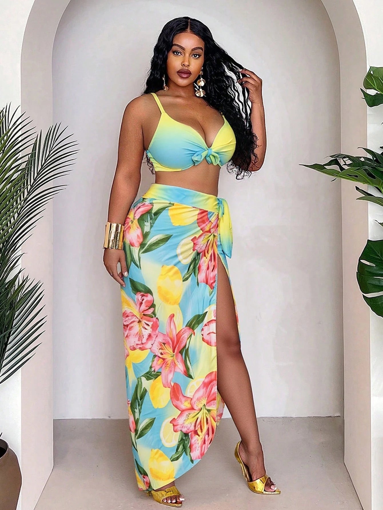Slaydiva Plus Size Women 3-Piece Set,Ombre Placement Print High Waist Skirt & Triangle Panty Bikini Set,Blue Butterfly,Summer,Beach,Vacation,Holiday Daily Chic