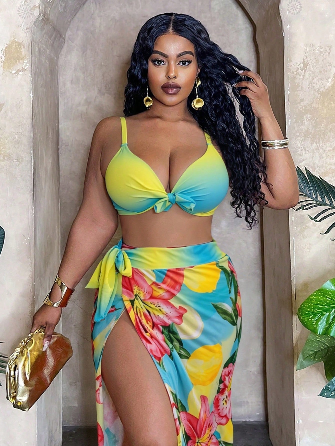Slaydiva Plus Size Women 3-Piece Set,Ombre Placement Print High Waist Skirt & Triangle Panty Bikini Set,Blue Butterfly,Summer,Beach,Vacation,Holiday Daily Chic