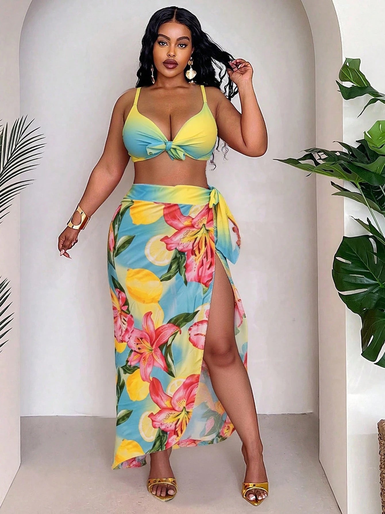 Slaydiva Plus Size Women 3-Piece Set,Ombre Placement Print High Waist Skirt & Triangle Panty Bikini Set,Blue Butterfly,Summer,Beach,Vacation,Holiday Daily Chic
