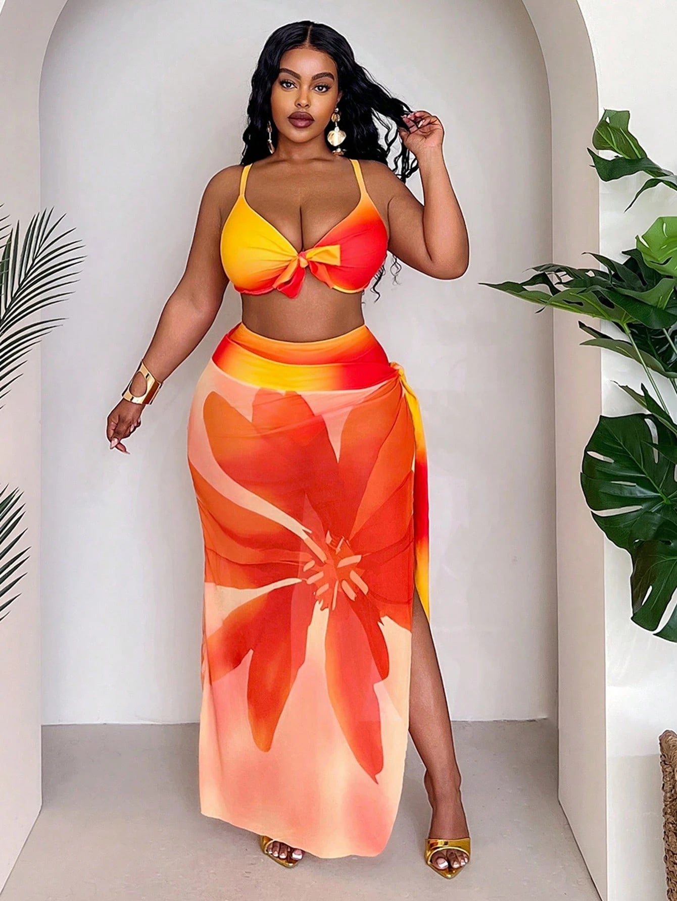 Slaydiva Plus Size Women 3-Piece Set,Ombre Placement Print High Waist Skirt & Triangle Panty Bikini Set,Blue Butterfly,Summer,Beach,Vacation,Holiday Daily Chic