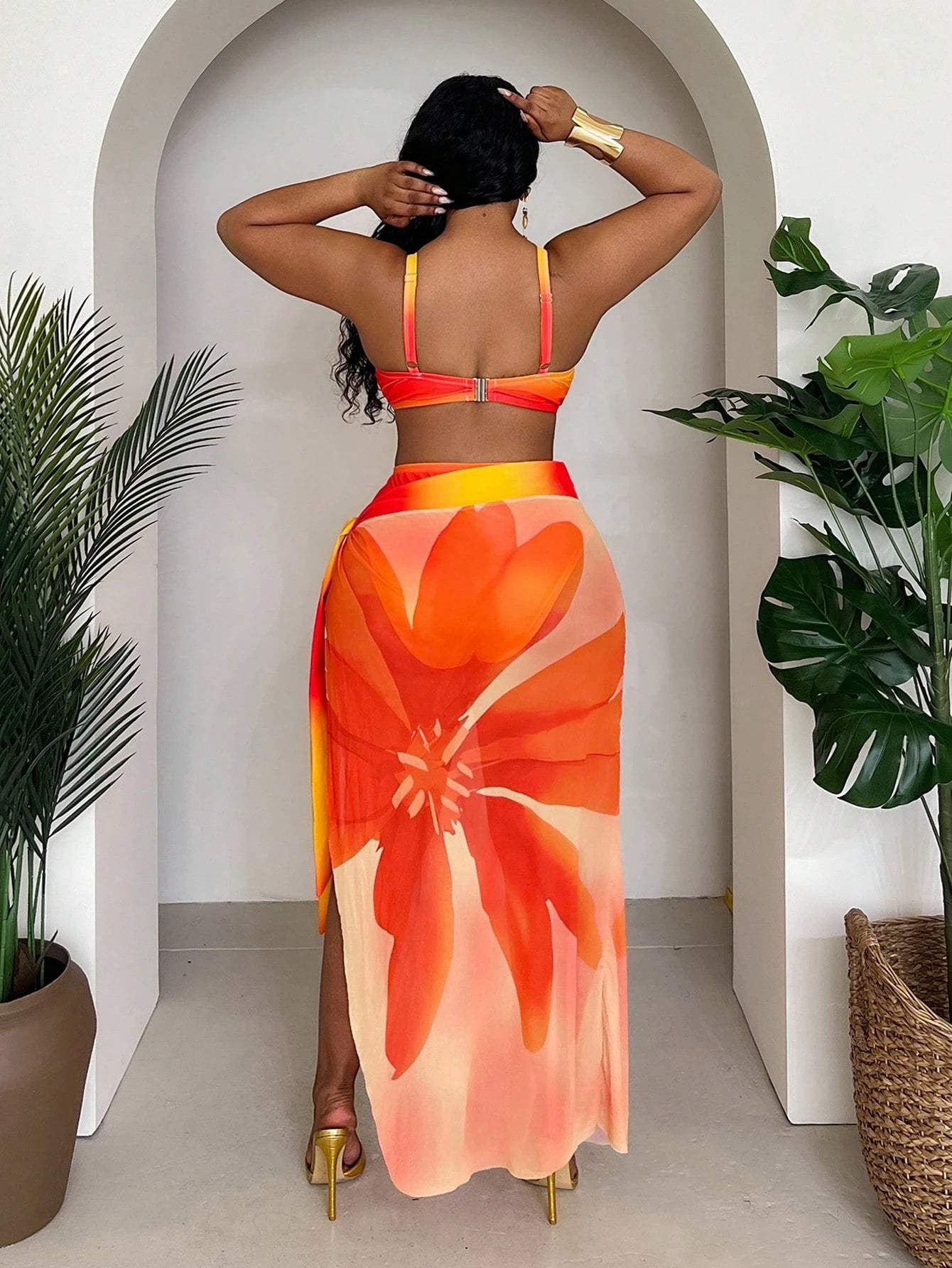 Slaydiva Plus Size Women 3-Piece Set,Ombre Placement Print High Waist Skirt & Triangle Panty Bikini Set,Blue Butterfly,Summer,Beach,Vacation,Holiday Daily Chic