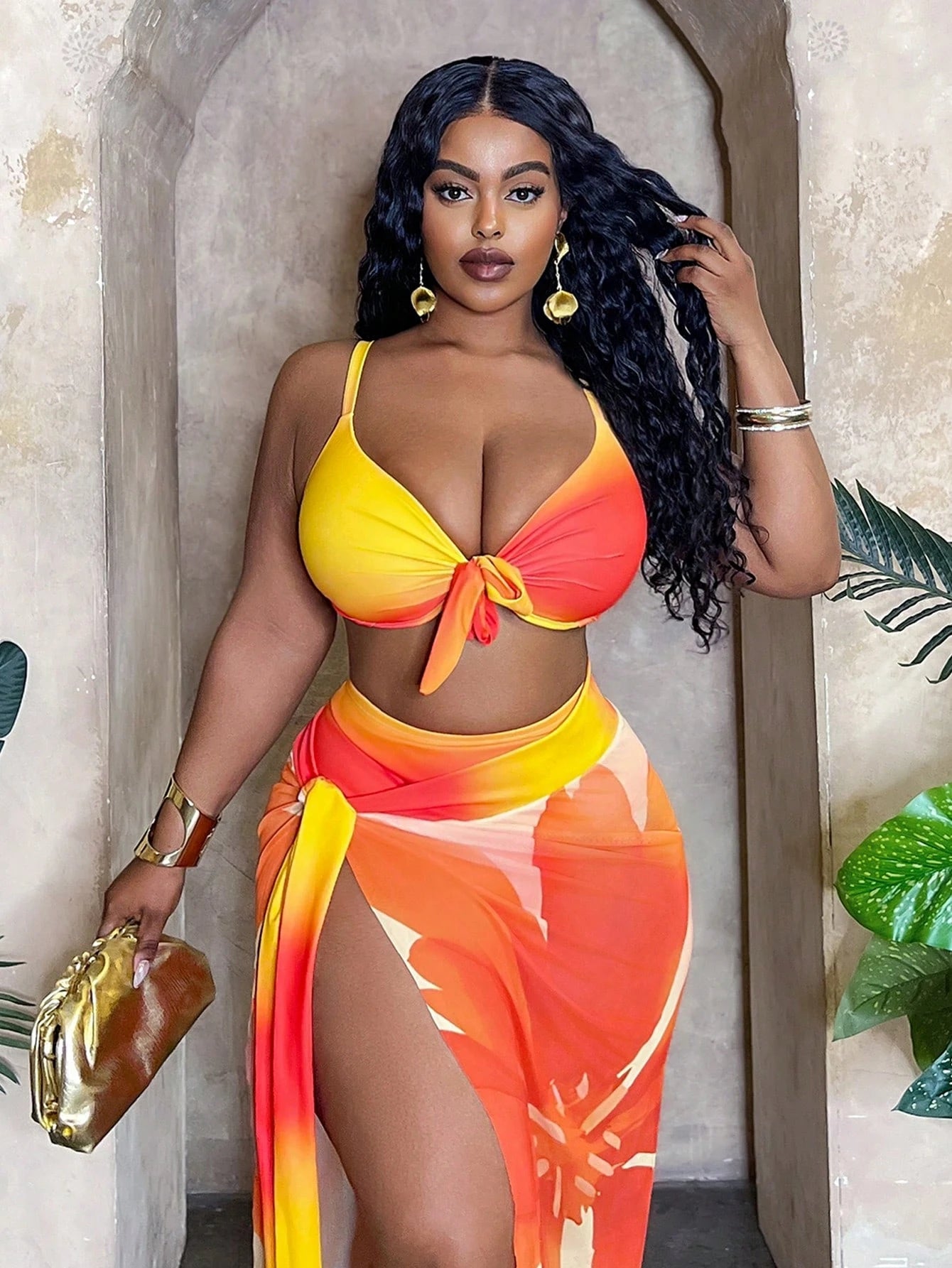 Slaydiva Plus Size Women 3-Piece Set,Ombre Placement Print High Waist Skirt & Triangle Panty Bikini Set,Blue Butterfly,Summer,Beach,Vacation,Holiday Daily Chic