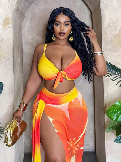 Slaydiva Plus Size Women 3-Piece Set,Ombre Placement Print High Waist Skirt & Triangle Panty Bikini Set,Blue Butterfly,Summer,Beach,Vacation,Holiday Daily Chic