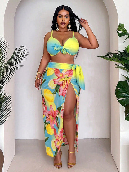 Slaydiva Plus Size Women 3-Piece Set,Ombre Placement Print High Waist Skirt & Triangle Panty Bikini Set,Blue Butterfly,Summer,Beach,Vacation,Holiday Daily Chic