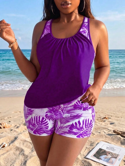 Slaydiva Plus Size Women Random Print Tankini Swimwear With Tummy Control Tankini Swimwear With Shorts White Two Pieces Set Women Beach Vacation Summer