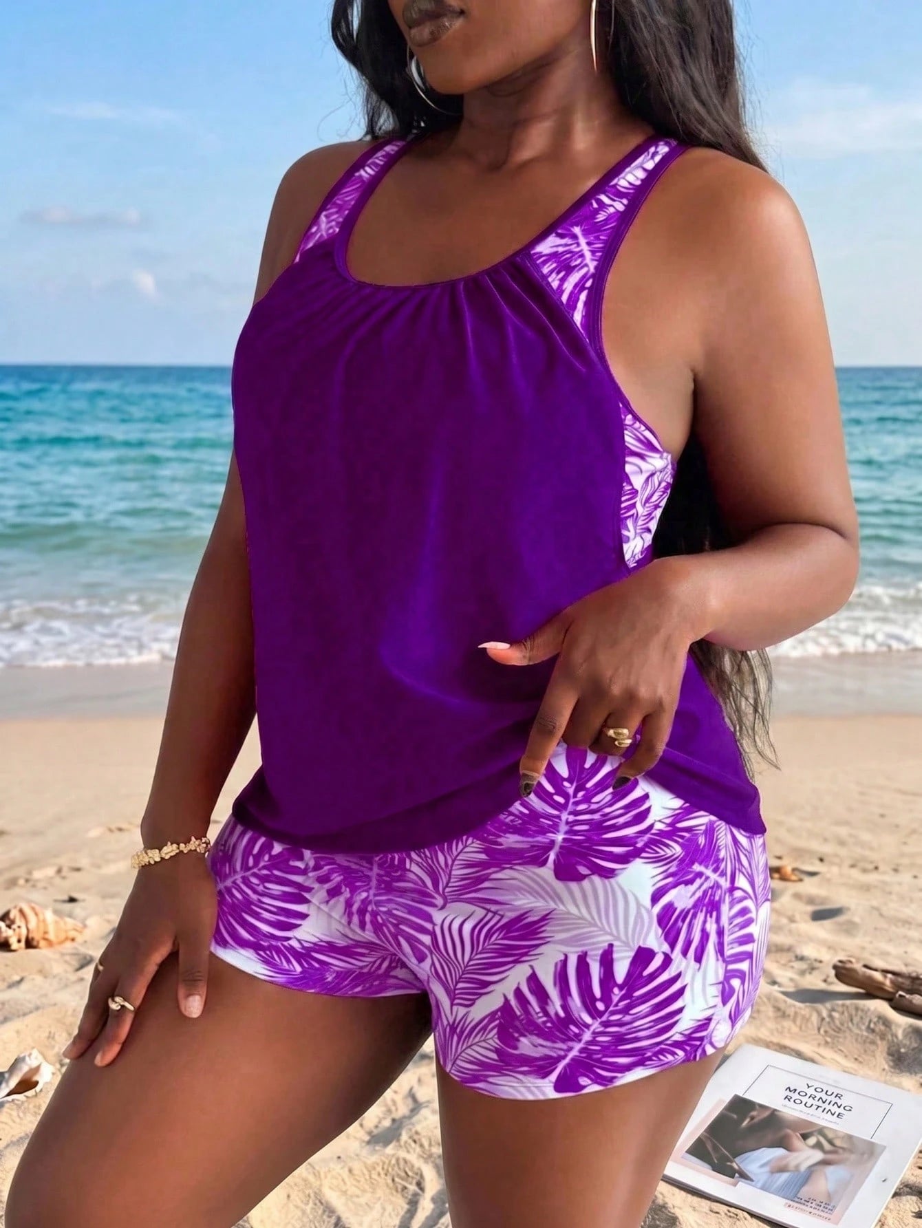 Slaydiva Plus Size Women Random Print Tankini Swimwear With Tummy Control Tankini Swimwear With Shorts White Two Pieces Set Women Beach Vacation Summer
