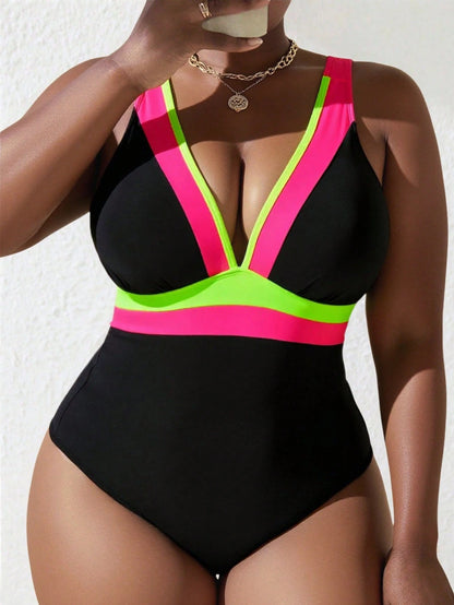 Slaydiva Plus Size Women's Deep V Neck Color Block Hollow Back One-Piece Swimsuit, Summer Beach Vacation