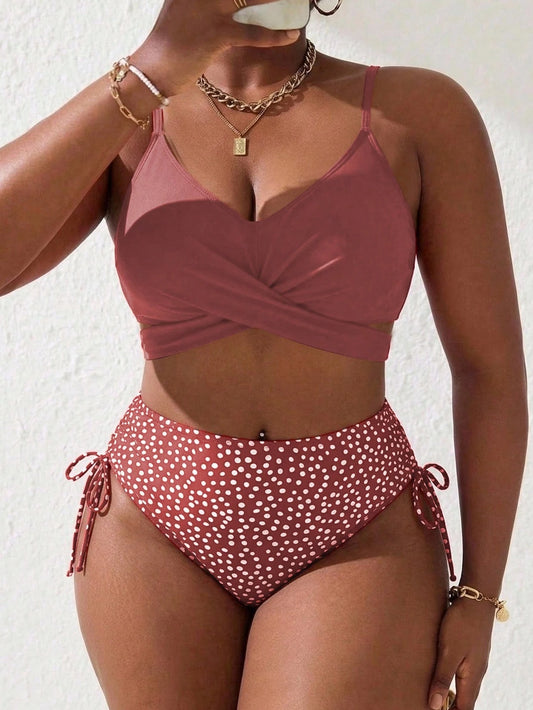 Slaydiva Plus Size Women's Printed 2-Piece Spaghetti Strap Criss-Cross Front Triangle Bikini Set, Suitable For Vacation & Beach