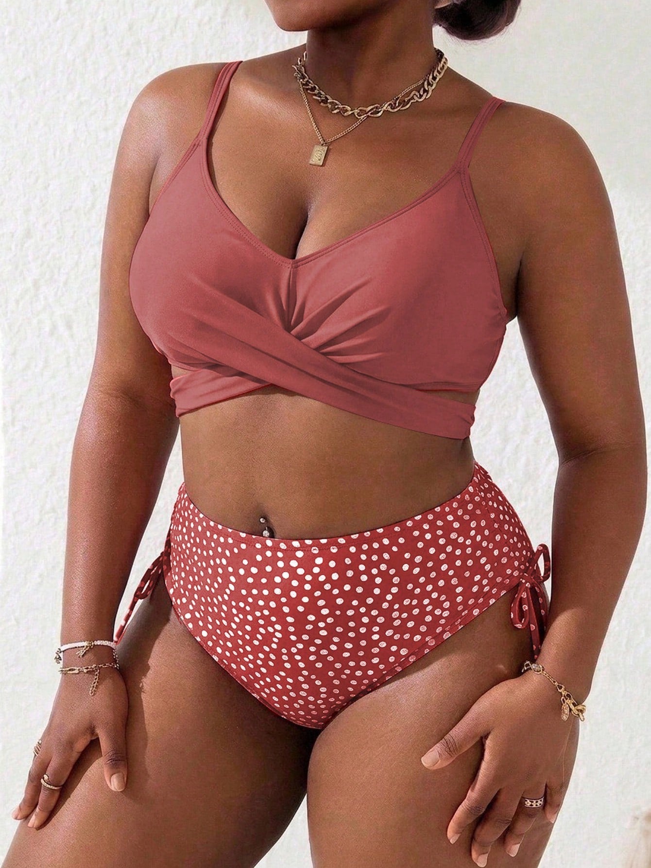 Slaydiva Plus Size Women's Printed 2-Piece Spaghetti Strap Criss-Cross Front Triangle Bikini Set, Suitable For Vacation & Beach