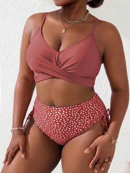 Slaydiva Plus Size Women's Printed 2-Piece Spaghetti Strap Criss-Cross Front Triangle Bikini Set, Suitable For Vacation & Beach