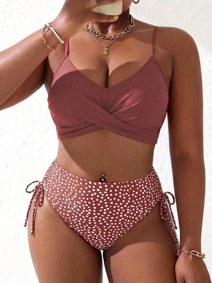 Slaydiva Plus Size Women's Printed 2-Piece Spaghetti Strap Criss-Cross Front Triangle Bikini Set, Suitable For Vacation & Beach