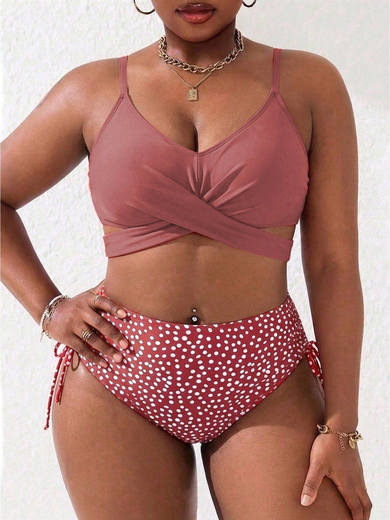 Slaydiva Plus Size Women's Printed 2-Piece Spaghetti Strap Criss-Cross Front Triangle Bikini Set, Suitable For Vacation & Beach