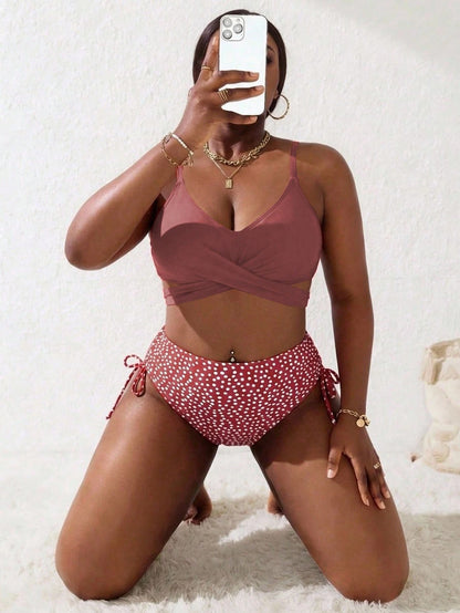 Slaydiva Plus Size Women's Printed 2-Piece Spaghetti Strap Criss-Cross Front Triangle Bikini Set, Suitable For Vacation & Beach