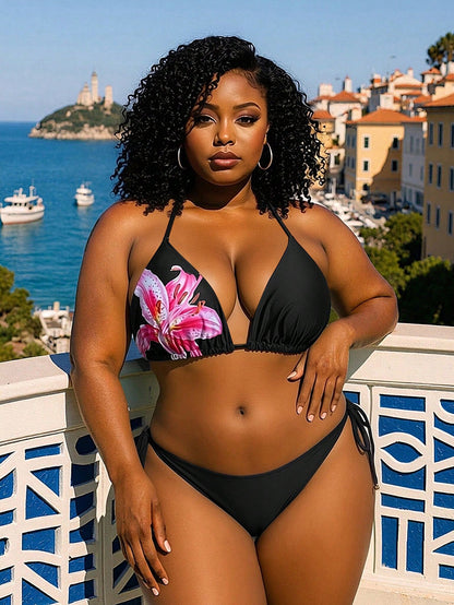 Slaydiva Plus Size Women's Random Print Sexy Halter Triangle Cup Casual Vacation Swimwear Top