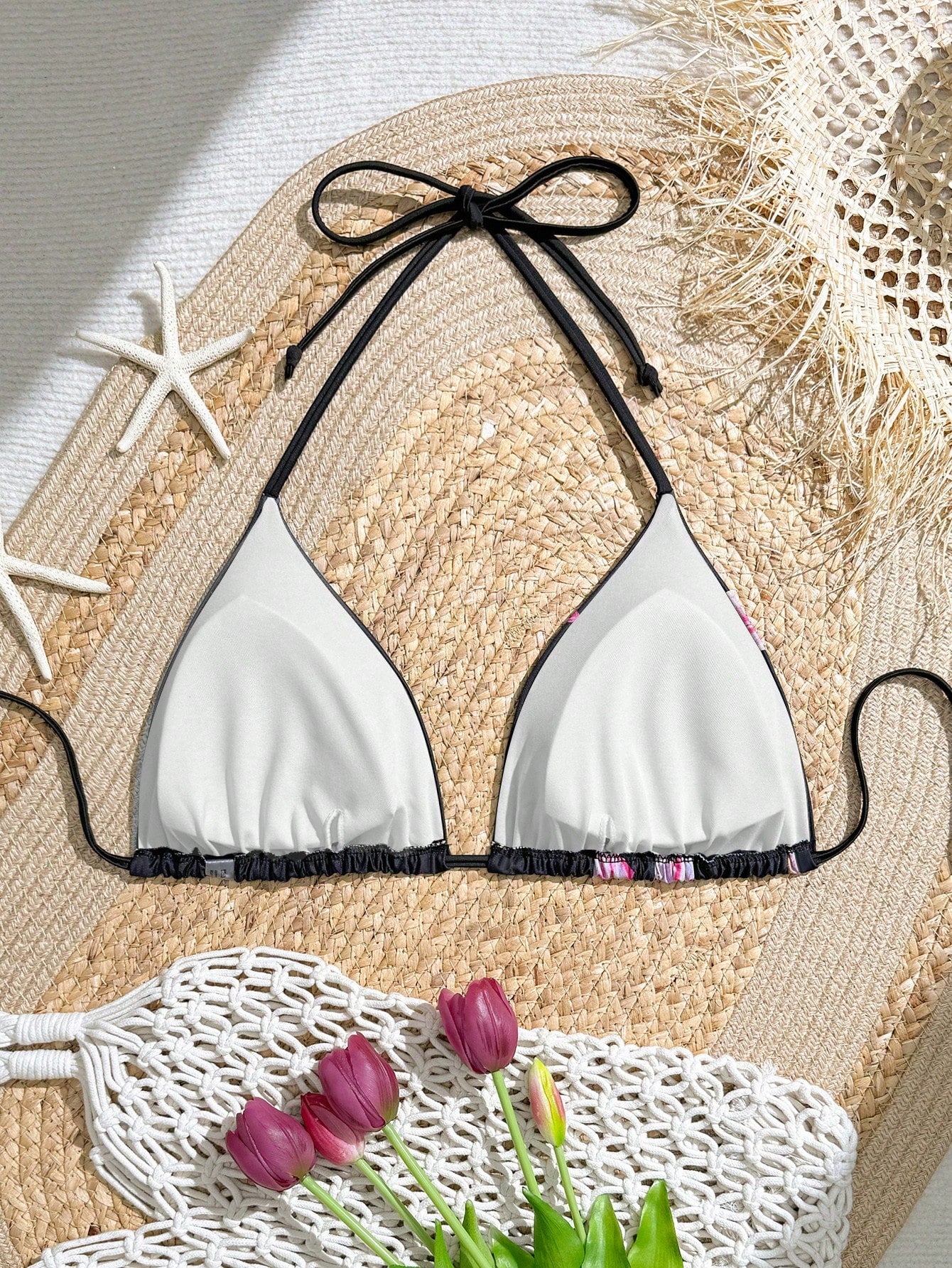 Slaydiva Plus Size Women's Random Print Sexy Halter Triangle Cup Casual Vacation Swimwear Top