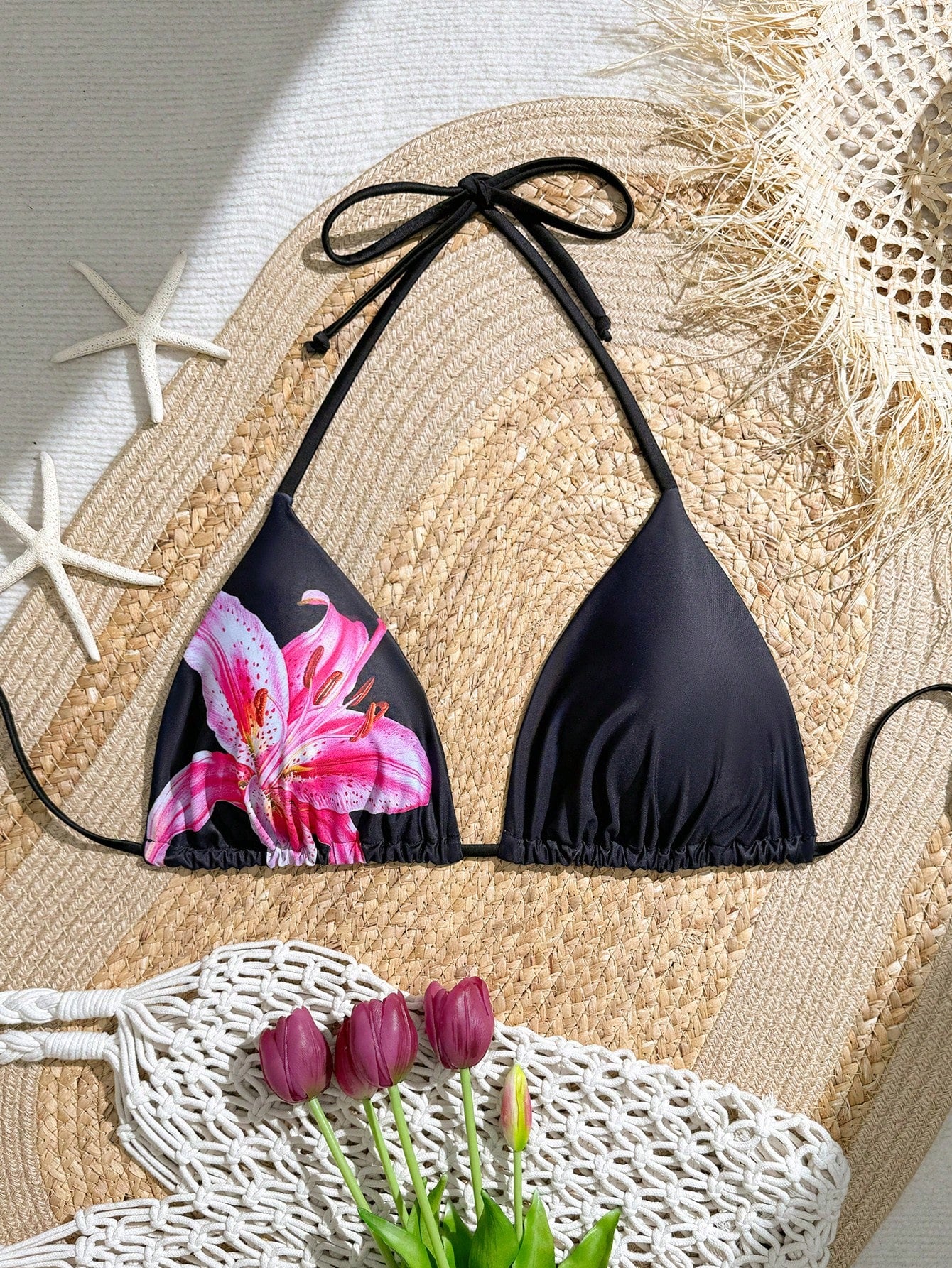 Slaydiva Plus Size Women's Random Print Sexy Halter Triangle Cup Casual Vacation Swimwear Top