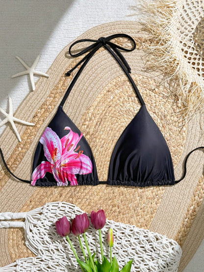 Slaydiva Plus Size Women's Random Print Sexy Halter Triangle Cup Casual Vacation Swimwear Top