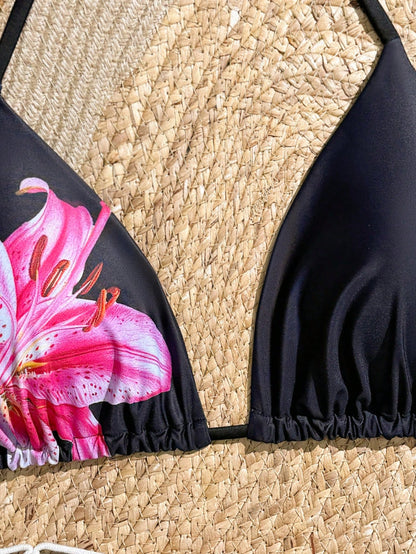Slaydiva Plus Size Women's Random Print Sexy Halter Triangle Cup Casual Vacation Swimwear Top