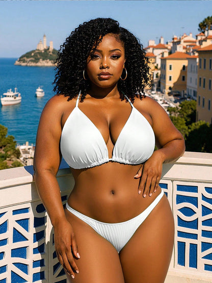 Slaydiva Plus Size Women's Random Print Sexy Halter Triangle Cup Casual Vacation Swimwear Top
