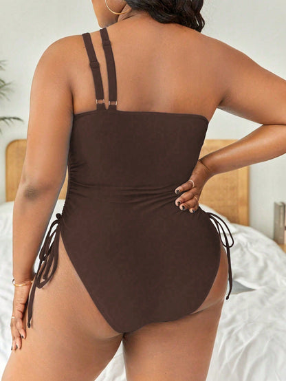 Slaydiva Plus Size Women's Solid Color Drawstring Shoulder-Cutout One-Piece Swimsuit, Casual & Vacation For Summer