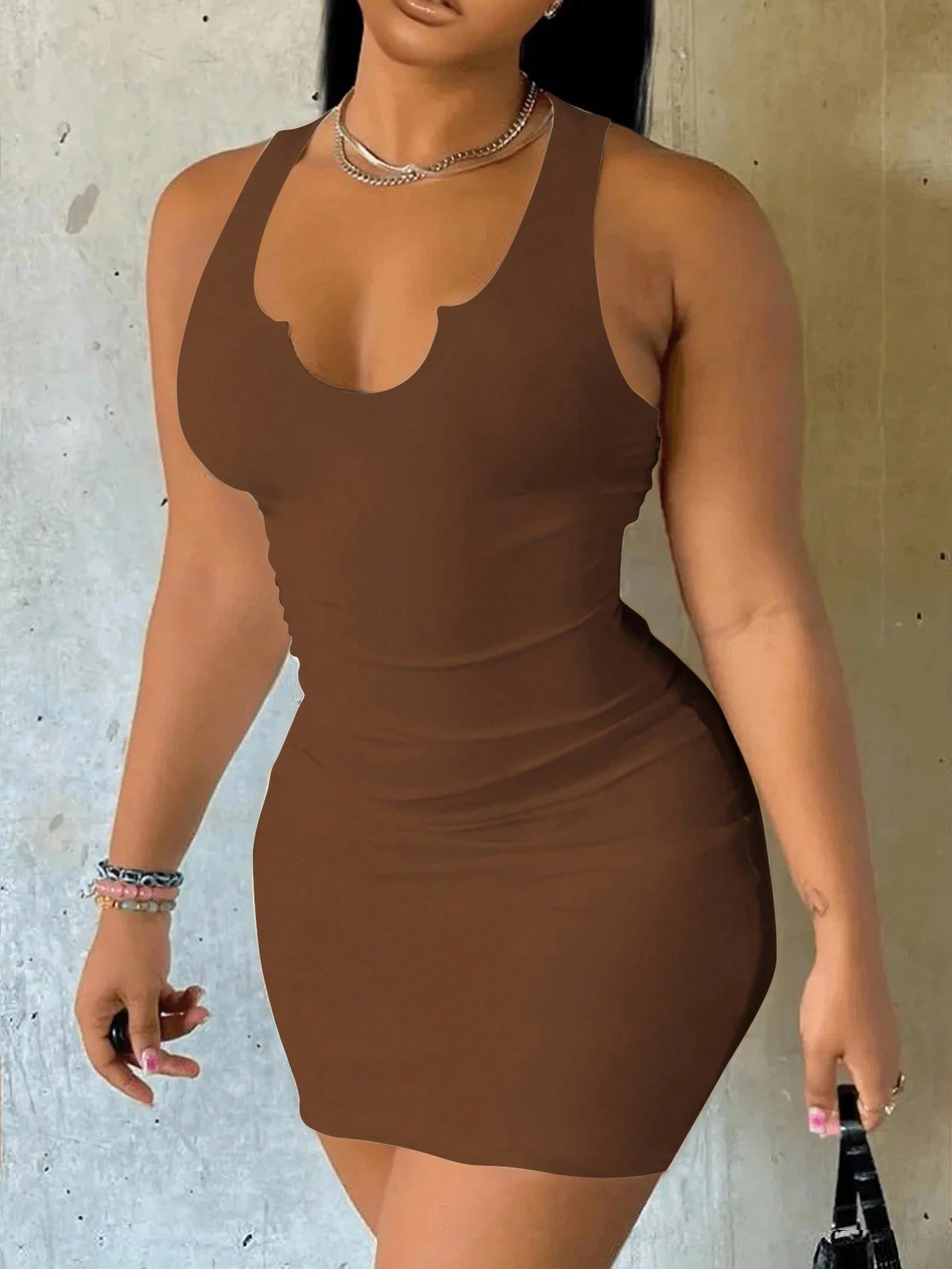 Slaydiva Sexy Casual Minimalist Versatile Sleeveless Thick Strap V-Neck Bodycon Mini Dress For Women, Summer Suitable For Going Out Chic Dress