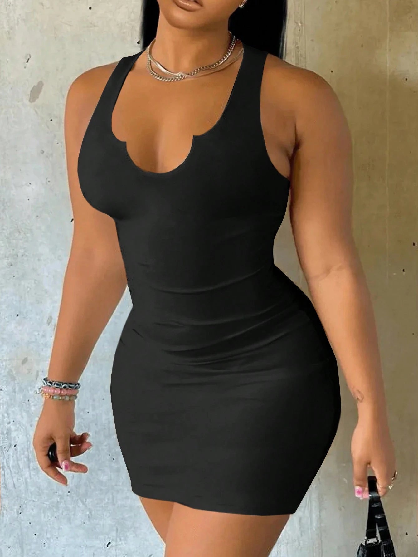 Slaydiva Sexy Casual Minimalist Versatile Sleeveless Thick Strap V-Neck Bodycon Mini Dress For Women, Summer Suitable For Going Out Chic Dress