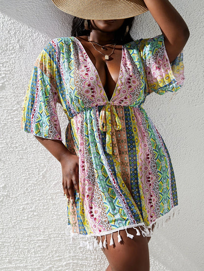 Slaydiva Summer Beach Plus Mixed Print Tassel Trim Knot Front Cover Up