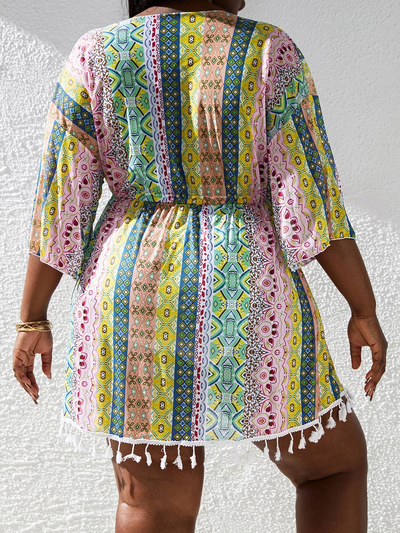 Slaydiva Summer Beach Plus Mixed Print Tassel Trim Knot Front Cover Up