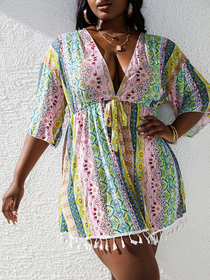 Slaydiva Summer Beach Plus Mixed Print Tassel Trim Knot Front Cover Up