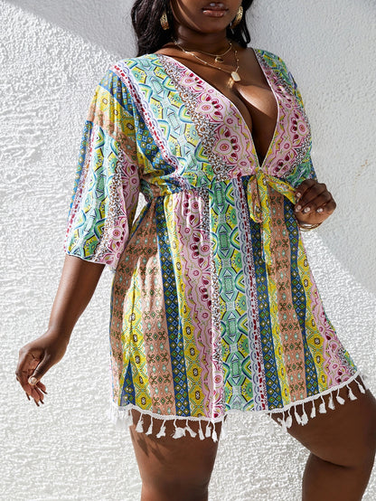 Slaydiva Summer Beach Plus Mixed Print Tassel Trim Knot Front Cover Up