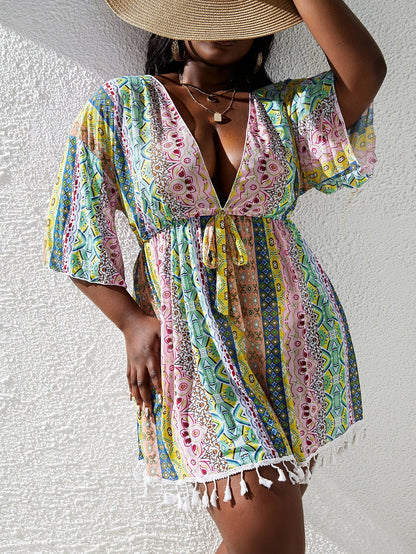 Slaydiva Summer Beach Plus Mixed Print Tassel Trim Knot Front Cover Up