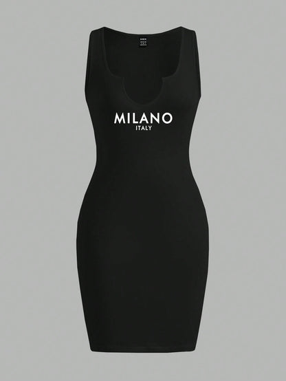 Slaydiva Women's Casual Sexy Simple Milano Print Sleeveless Thickly Strapped Bodycon Dress Suitable For Going Out Club Night Chic Dress Black And White Summer