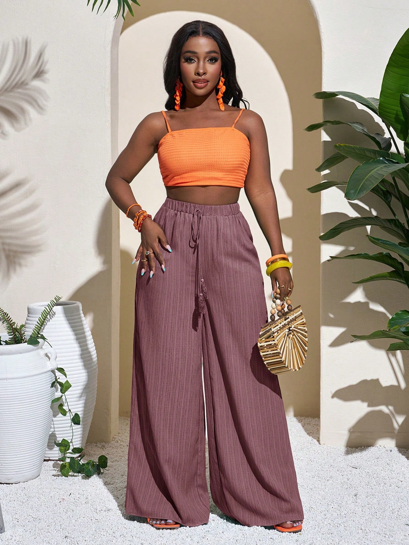 Slaydiva Women's Full Length Geometric Green Vacation Wide Leg Pants, Casual Festival/Holiday