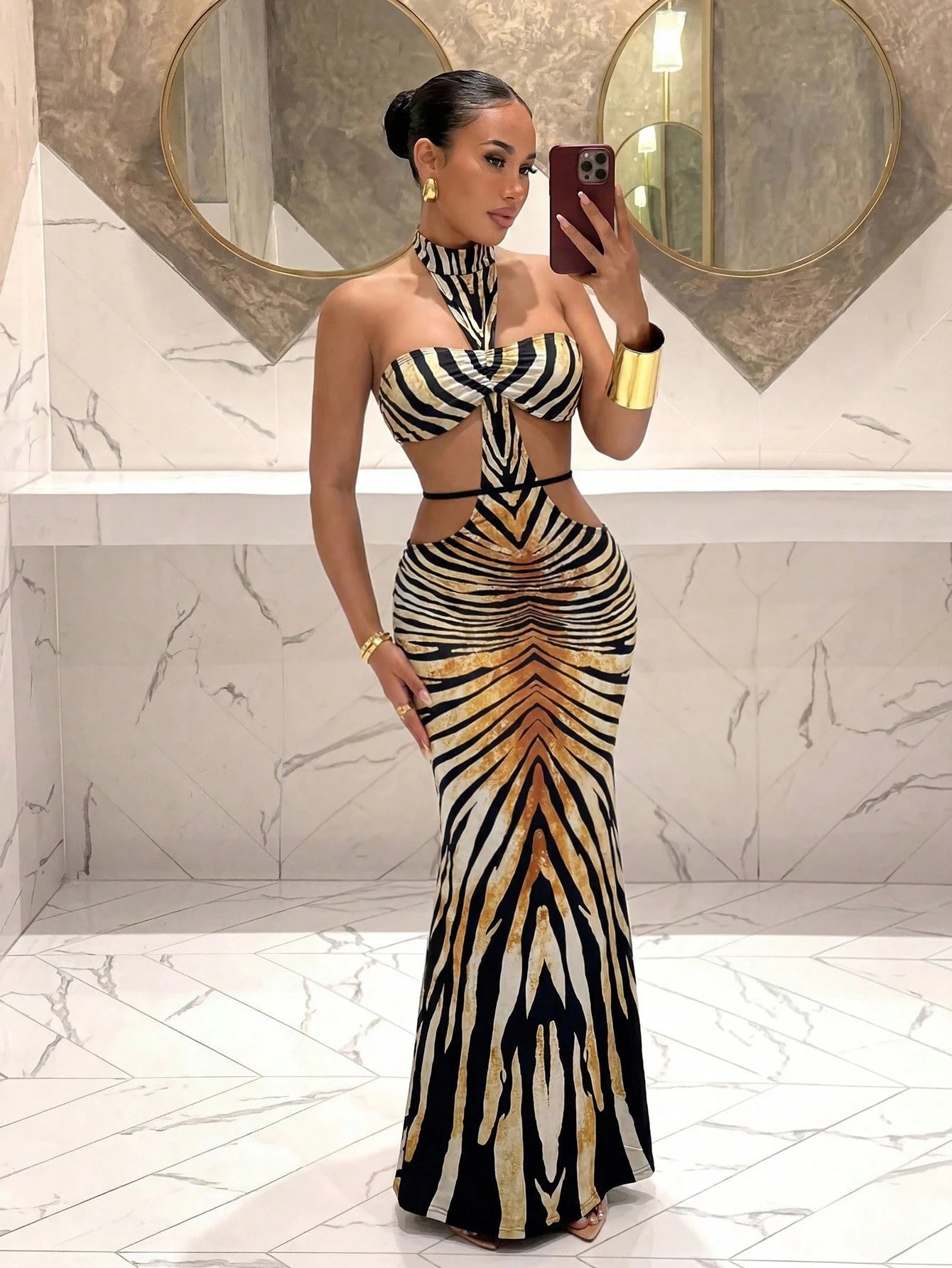 Slaydiva Women's High-Necked Zebra Print Long Dress,Revealing Waistband With Tie,Black And White Leopard Print With Polka Dots,Summer,Club Night Night Out,Sexy