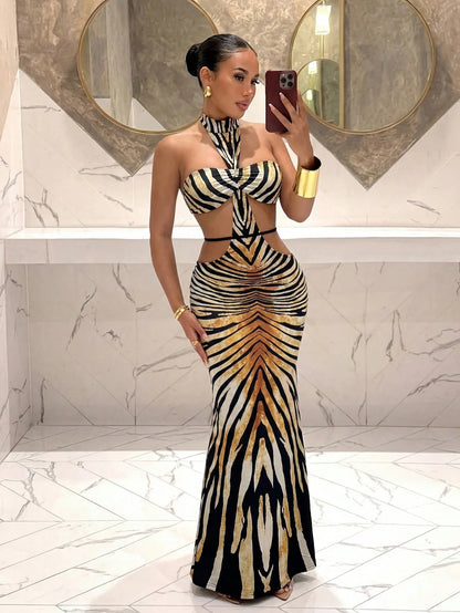 Slaydiva Women's High-Necked Zebra Print Long Dress,Revealing Waistband With Tie,Black And White Leopard Print With Polka Dots,Summer,Club Night Night Out,Sexy