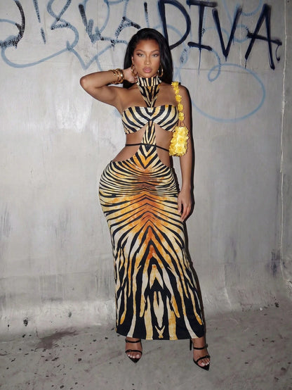 Slaydiva Women's High-Necked Zebra Print Long Dress,Revealing Waistband With Tie,Black And White Leopard Print With Polka Dots,Summer,Club Night Night Out,Sexy