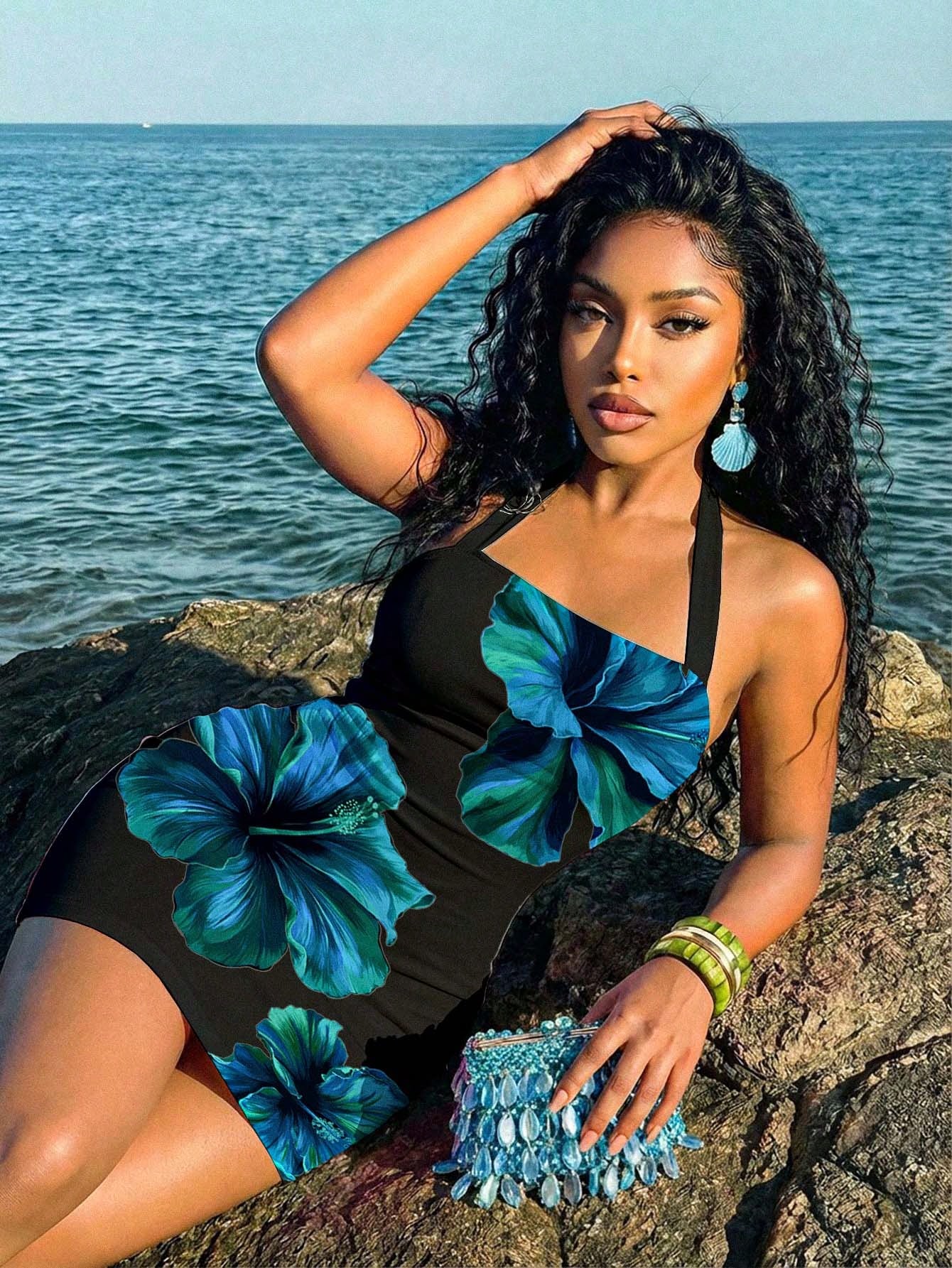 Slaydiva Women's Slim Fit Halter Neck Tie Mini Dress Black Floral Summer Boho Tropical Sexy Holiday Vacation Elegant Flora Graphic Print Beachwear