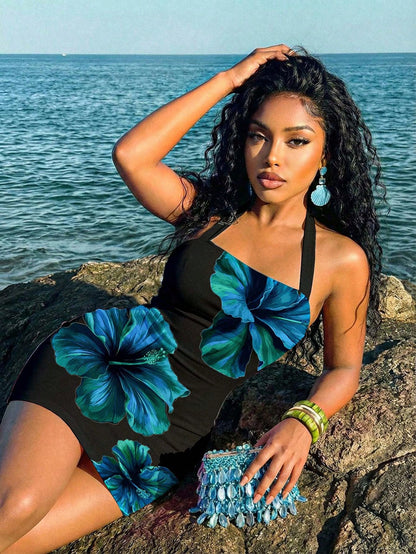 Slaydiva Women's Slim Fit Halter Neck Tie Mini Dress Black Floral Summer Boho Tropical Sexy Holiday Vacation Elegant Flora Graphic Print Beachwear
