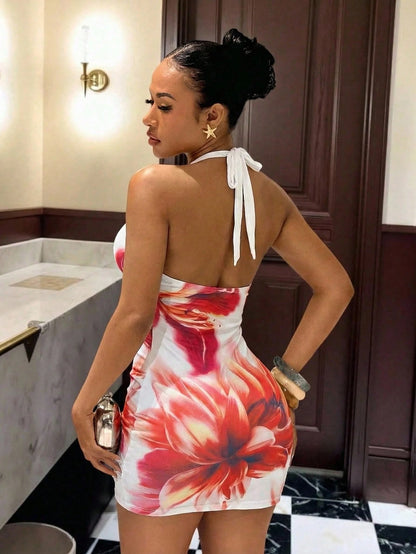 Slaydiva Women's White Animal Print Zebra Pattern Mini Dress, Halter Neck Tie Slim Fit Bodycon, 70s Club Night Out, Party, Summer Elegant Sexy Vacation Boho