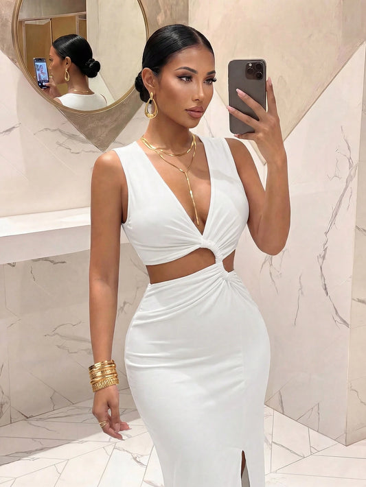 Slaydiva Women's White Elegant Sexy Deep V-Neck Cut Out Long Dress, High Slit Fitted Summer Party Night Outfits, Y2K Style Birthday Banquet Wedding Dress