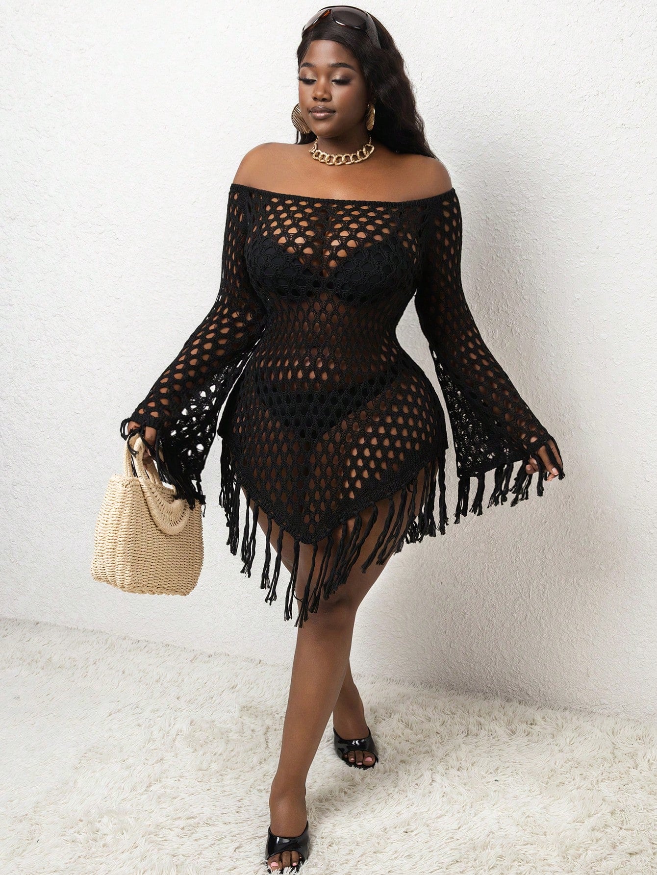 Slayr CURVE Plus Size Black Off Shoulder Crochet Knit Fringe Tassel Cover Up Dress,Boho Chic Hollow Out Beach Coverup For Summer Holiday Vacation Resort