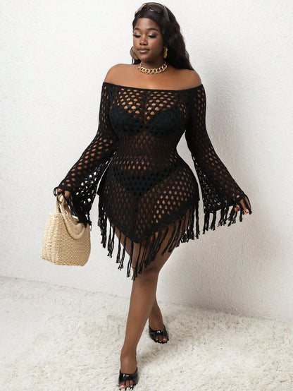 Slayr CURVE Plus Size Black Off Shoulder Crochet Knit Fringe Tassel Cover Up Dress,Boho Chic Hollow Out Beach Coverup For Summer Holiday Vacation Resort