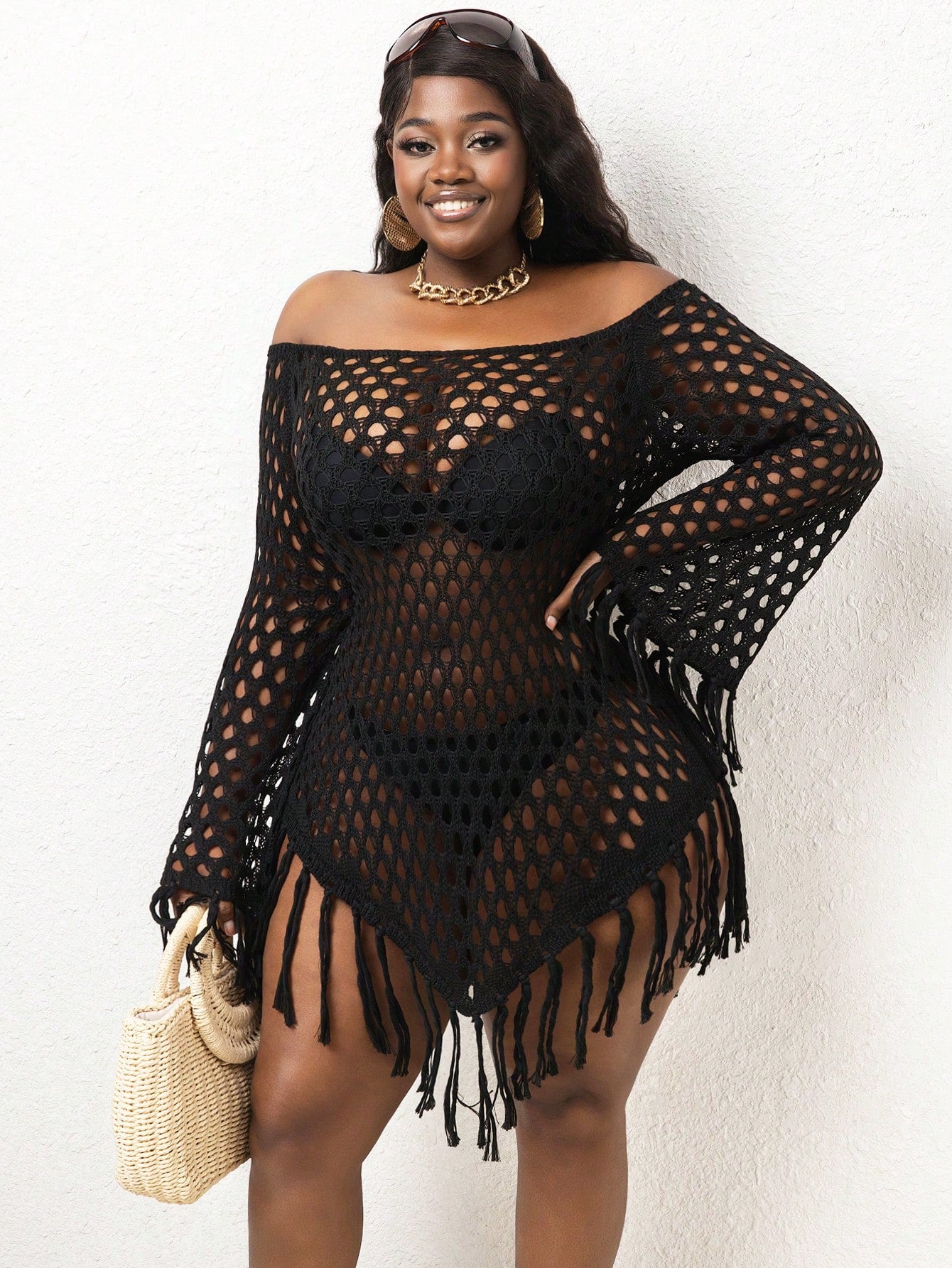 Slayr CURVE Plus Size Black Off Shoulder Crochet Knit Fringe Tassel Cover Up Dress,Boho Chic Hollow Out Beach Coverup For Summer Holiday Vacation Resort
