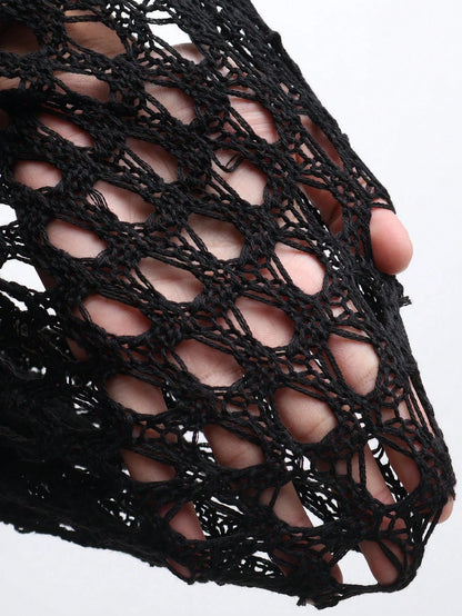 Slayr CURVE Plus Size Black Off Shoulder Crochet Knit Fringe Tassel Cover Up Dress,Boho Chic Hollow Out Beach Coverup For Summer Holiday Vacation Resort