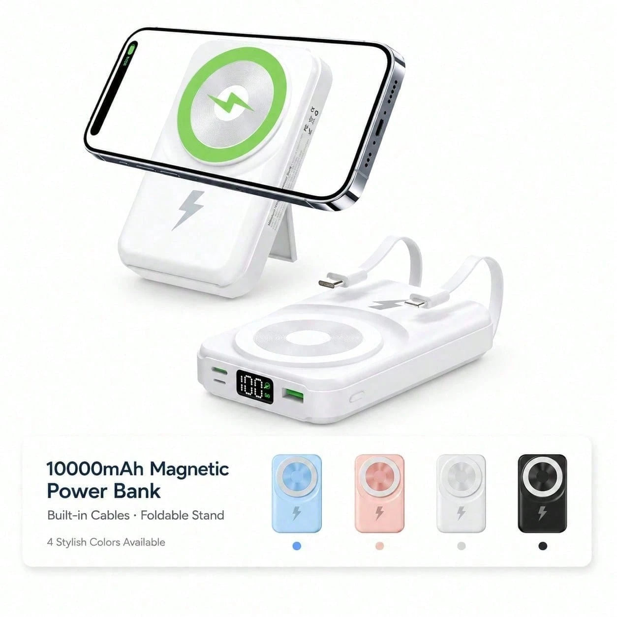 Slim Magnetic Power Bank 10000mAh With Foldable Stand, Integrated Dual Charging Cables 22.5W Wired Fast Charging 15W Wireless Charging LED Readout, Camping Gear School Essentials Back To School Gear F