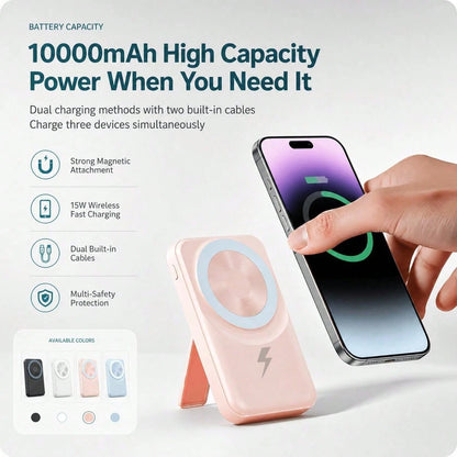 Slim Magnetic Power Bank 10000mAh With Foldable Stand, Integrated Dual Charging Cables 22.5W Wired Fast Charging 15W Wireless Charging LED Readout, Camping Gear School Essentials Back To School Gear F