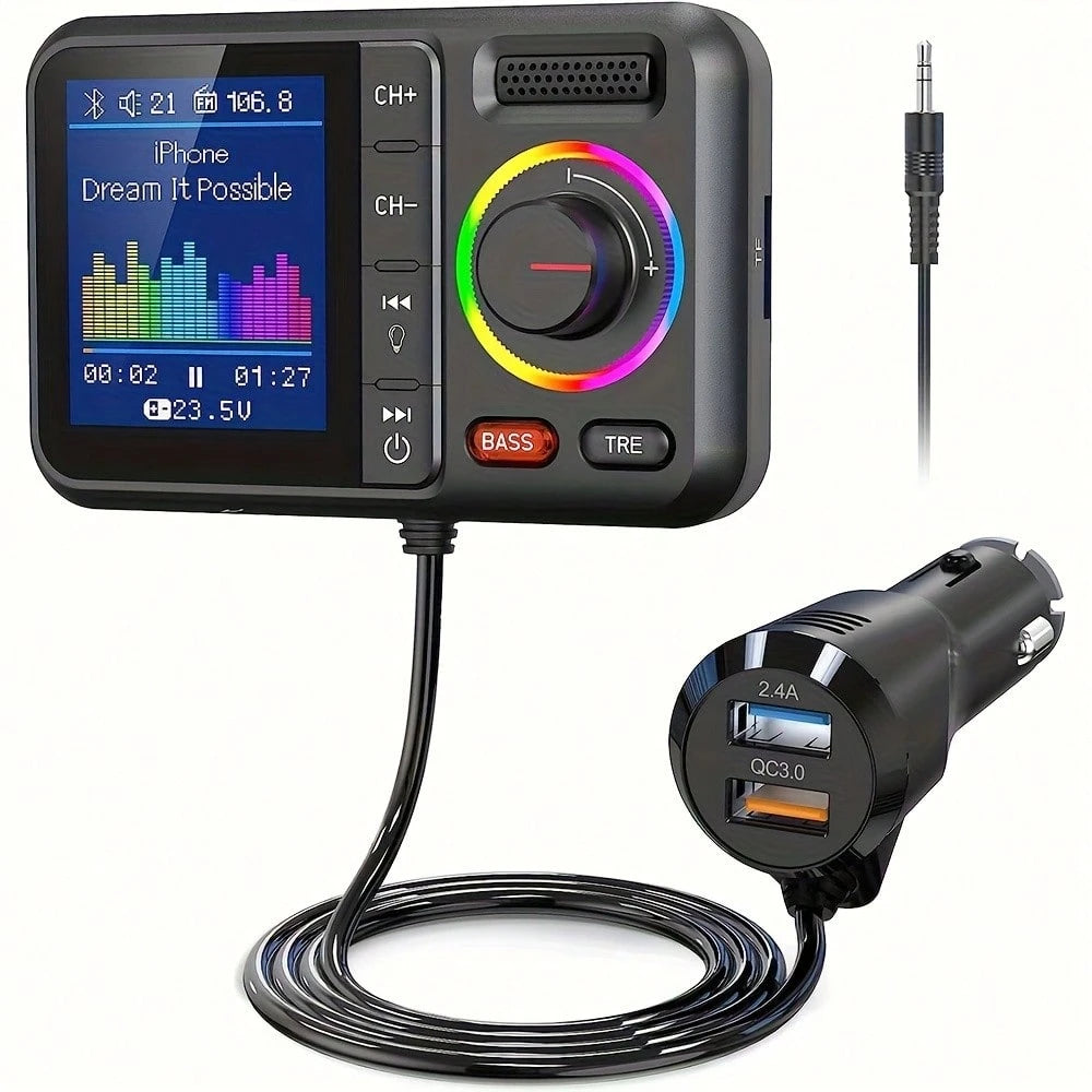 Smart Car Bluetooth FM Transmitter, High And Low Frequency Equalizer, Wireless Car Bluetooth V5.0 Adapter, With Large Color Screen, Supports QC3.0 Fast Charging Charger, Hands-Free Call, MP3 Music Pla
